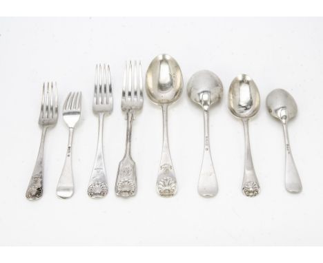 A harlequin part canteen of Victorian &amp; Edwardian silver cutlery, fiddle and shell pattern, by Goldsmiths &amp; Silversmi