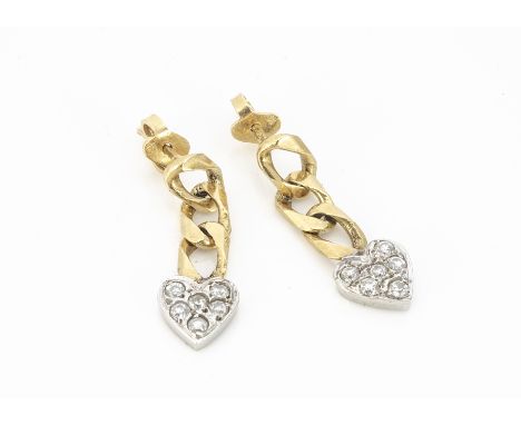A pair of yellow metal Arabic drop earrings, the three curb links supporting a white stone set heart with post backs and butt