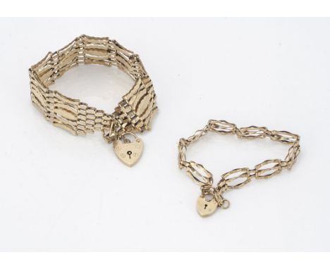 Two 9ct gold gate link padlock clasp bracelets, the largest being 19cm long x 2.4cm wide, 22.5g 