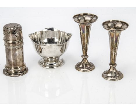 A pair of George V silver trumpet vases, together with a silver sugar sifter and a silver sugar basin, 11.9ozt (4) 