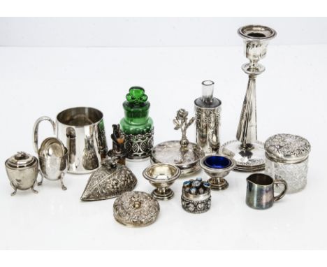 A collection of silver and silver plated collectables, including two silver mounted glass bottles, a damaged silver filled ca