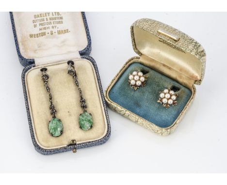 A pair of 9ct gold and pearl cluster earrings, in leaf design, 1.2cm diameter, 4g together with a pair of white metal marcasi