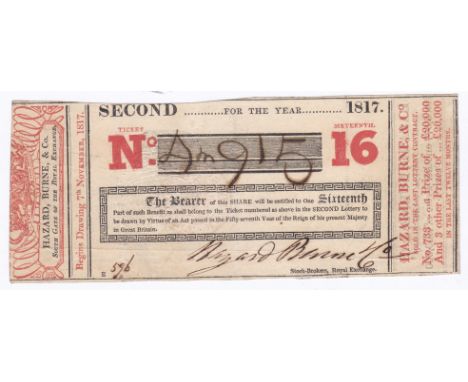 Great Britain - 1822 Hazard &amp; Co, Sixteenth Lottery Ticket, Red &amp; Black, very fine.