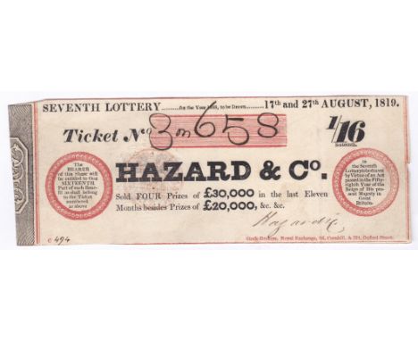 Great Britain - 1819 Hazard &amp; Co, Seventh Lottery Ticket, Red &amp; Black, very fine.