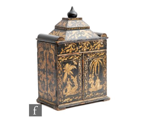 A 19th Century Anglo-Asian black lacquered table cabinet of architectural form, decorated with foliate scrolls and figures wi