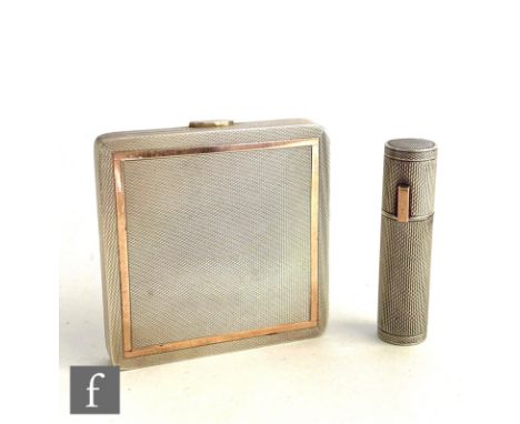 A mid 20th Century hallmarked silver square compact and matched lipstick holder, each with engine turned decoration to whole,