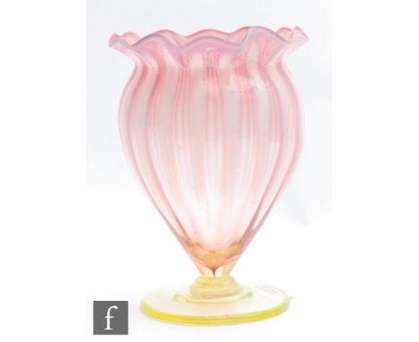 A late 19th Century opaline brocade vase, possibly John Walsh Walsh or Thomas Webb, of footed tear drop form with a wave rim,