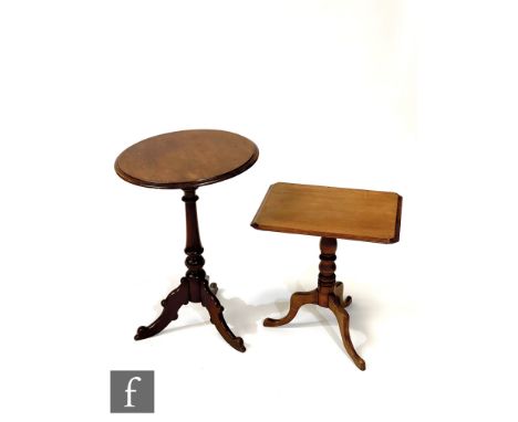A mahogany wine table with turned support and tripod base beneath a replacement thumb-moulded circular top, height 76cm and d