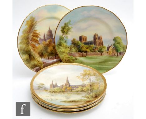 Seven assorted Royal Worcester cabinet plates, transfer decorated and hint tinted with scenes of&nbsp;Windsor Castle, Worcest