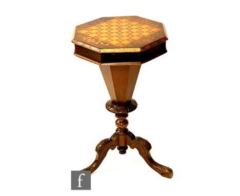 A Victorian marquetry inlaid octagonal sewing table with chequer board top, on trumpet pedestal base and splayed tripod feet,