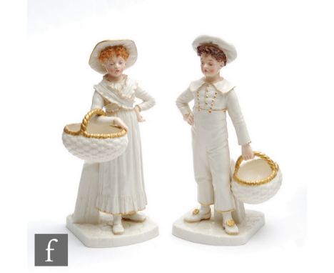 A pair of 19th Century Royal Worcester figures of children modelled as a young girl and boy each holding a basket, both white
