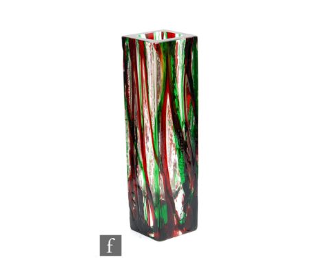 A later 20th Century studio glass vase of square sleeve form, decorated with trails in green and ruby against the clear textu