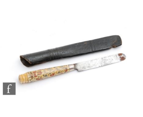 A late 18th to early 19th Century ivory handled fruit knife inlaid with silver wire pique work and coloured plants, length 15