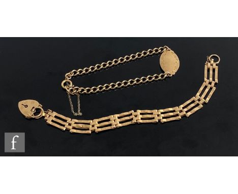 A 9ct hallmarked three bar gate bracelet terminating in padlock fastener, with a similar 9ct identity bracelet, total weight 
