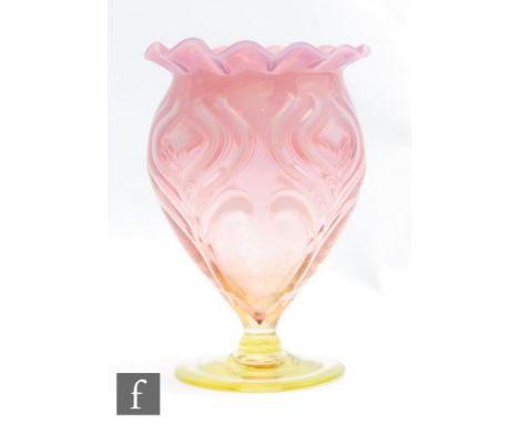 A late 19th Century opaline brocade vase, possibly John Walsh Walsh or Thomas Webb, of footed tear drop form with a wave rim,