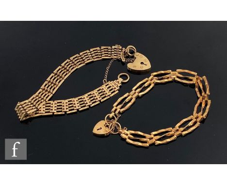 A 9ct hallmarked five bar gate bracelet terminating in padlock fastener, with a similar 9ct three bar gate bracelet, total we