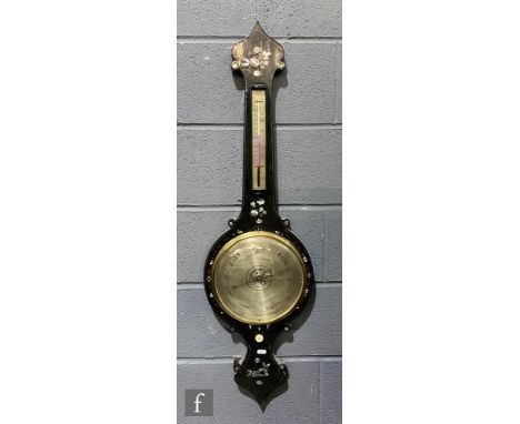 A 19th Century mother of pearl inlaid and painted lacquered wheel barometer incorporating thermometer, 24cm circular silvered