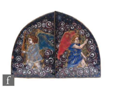 A pair of Limoges enamel corner sections from a triptych, one decorated with an winged angel, possibly St Michael, holding a 