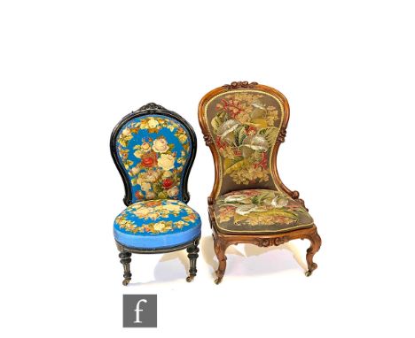 A Victorian lady's spoon back salon chair with acanthus carved exposed walnut frame, upholstered in Berlin beadwork tapestry,