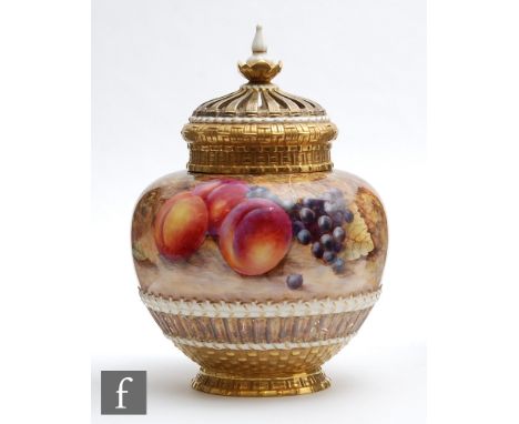 A later 20th Century Royal Worcester Fallen Fruits pot pourri vase and crown cover decorated in the round by G Banks, with ap