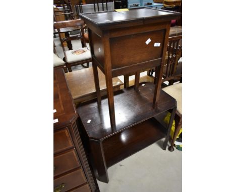 A vintage oak sewing box and stained frame occasional table
