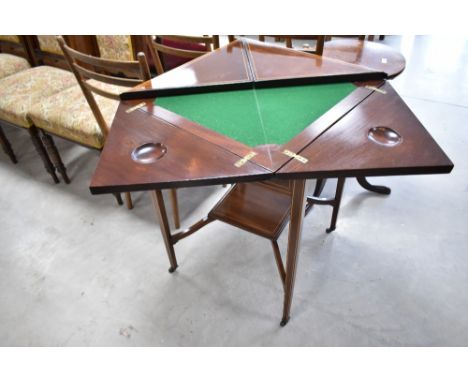 An Edwardian mahogany envelope card table having line inlay decoration, width approx. 57cm