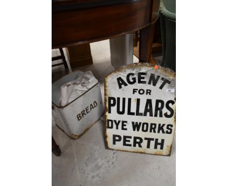 An enamelled sign for Pullars' Dye Works and a vintage enamelled bread bin