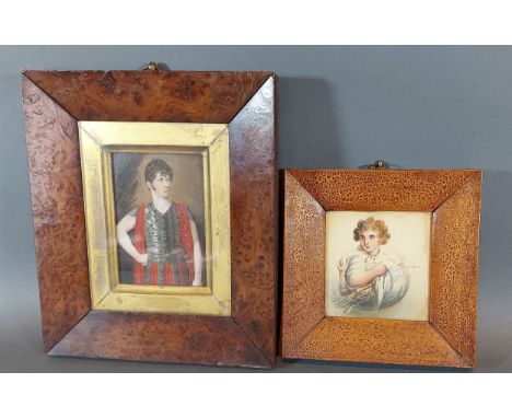 A 19th Century portrait miniature of an Officer wearing armour, 10cms x 7cms together with another similar portrait miniature