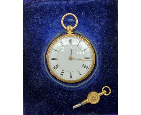 An 18ct gold pocket watch, the enamel dial with Roman Numerals and with engraved case complete with velvet lined  case 