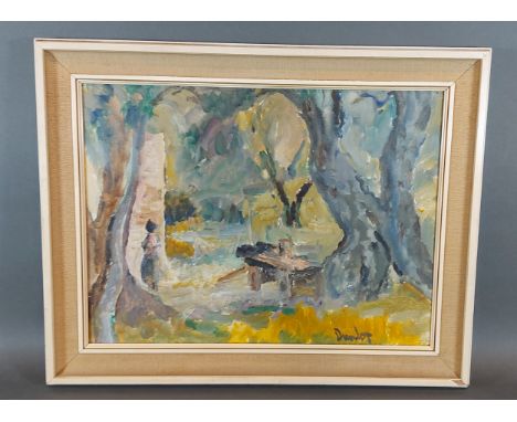 Ronald Ossory Dunlop, a wooded landscape with figure and cart on a track, oil on canvas, signed, 29cms x 39cms 