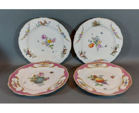 A Pair of Meissen porcelain dishes, each decorated with coloured enamels depicting birds amongst foliage together with a simi