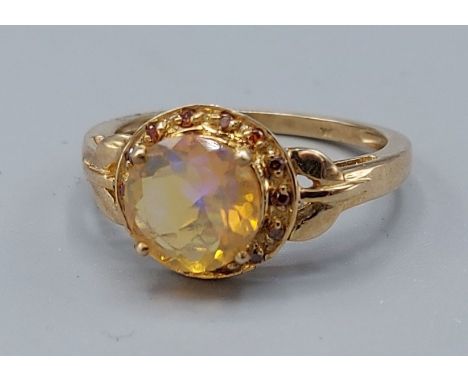 A 9ct gold opal and red diamond set ring, 2.5gms, ring size N 