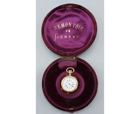A French gold fob watch, the enamel dial with Roman Numerals and with engraved case and within a lined velvet case, 16.2gms i