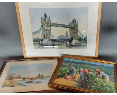 George Fanshawe, Tower Bridge and The City From Butlers Wharf, lithograph hand coloured in pastel, 38cm by 50cm, together wit