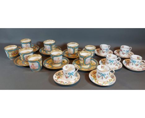 A set of nine French porcelain cups with six saucers together with six Crown Staffordshire coffee cups and saucers 
