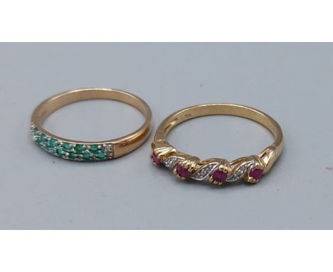 A 9ct gold Emerald and diamond band ring, ring size O together with a 9ct gold ruby and diamond band ring, ring size Q, 3.9gm