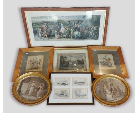 An 18th Century coloured print view of Debden, together with a pair of prints titled  A 15th Hussar and A 17th Light Dragoon,