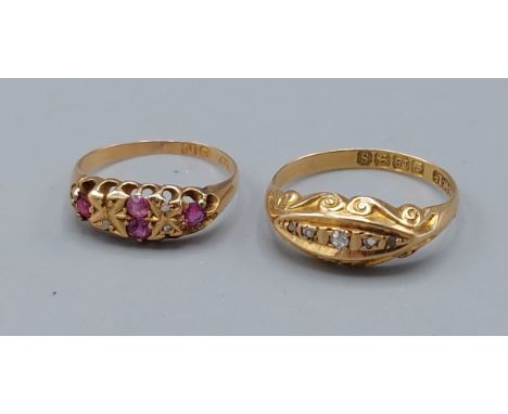 An 18ct gold diamond set ring2.1gms, ring size N together with another 18ct gold ruby and diamond set ring, 2gms, ring size I