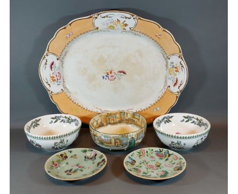 A large Victorian meat platter, together with a Royal Doulton Dickens ware bowl, two Portmeirion bowls and two Chinese plates
