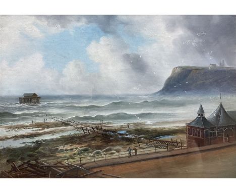 English Naïve Scool (19th/20th century): The Wreck of the North Bay Pier Scarborough, oil signed 24cm x 34cm Provenance: purc