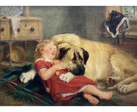 Edwin Frederick Holt (British 1830-1912): Girl and Hound Resting in Cottage, oil on canvas signed and dated 1879 and inscribe