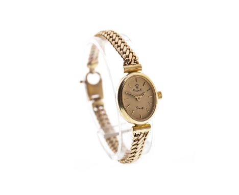 LADY'S VICENCE GOLD QUARTZ WRIST WATCH, the oval champagne dial with applied gold baton hour markers, black and gold pencil h