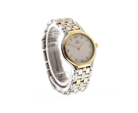 LADY'S OMEGA STAINLESS STEEL QUARTZ WRIST WATCH, the round white dial with applied Arabic and baton hour markers, gold colour