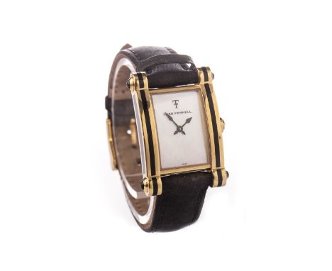 LADY'S THEO FENNEL EIGHTEEN CARAT GOLD QUARTZ WRIST WATCH, the rectangular mother of pearl dial lacking numerals, with black 