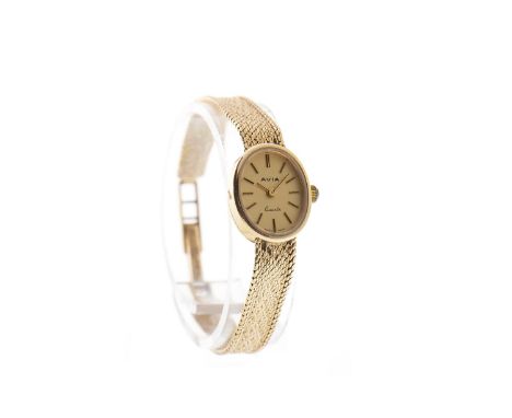LADY'S AVIA NINE CARAT GOLD QUARTZ WRIST WATCH, the oval gold coloured dial with applied baton hour markers, 14mm case, marke