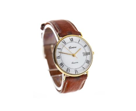 GENTLEMAN'S GENEVE NINE CARAT GOLD QUARTZ WRIST WATCH, the round white dial with Roman numerals in black, date aperture at 3,