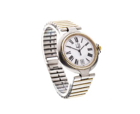 GENTLEMAN'S DUNHILL STAINLESS STEEL QUARTZ WRIST WATCH, the round white dial with Roman numerals in black, date aperture at 6