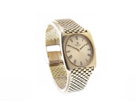 GENTLEMAN'S FOURTEEN CARAT GOLD ROLEX GENEVE MANUAL WIND WRIST WATCH, the oval gold dial with Roman numerals, 38mm tonneau ca