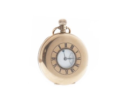 NINE CARAT GOLD HALF HUNTER KEYLESS WIND POCKET WATCH, the white enamel dial with Roman numerals in black, sunken subsidiary 