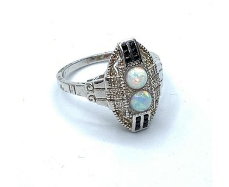 Art deco style silver &amp; opal ring, size O 